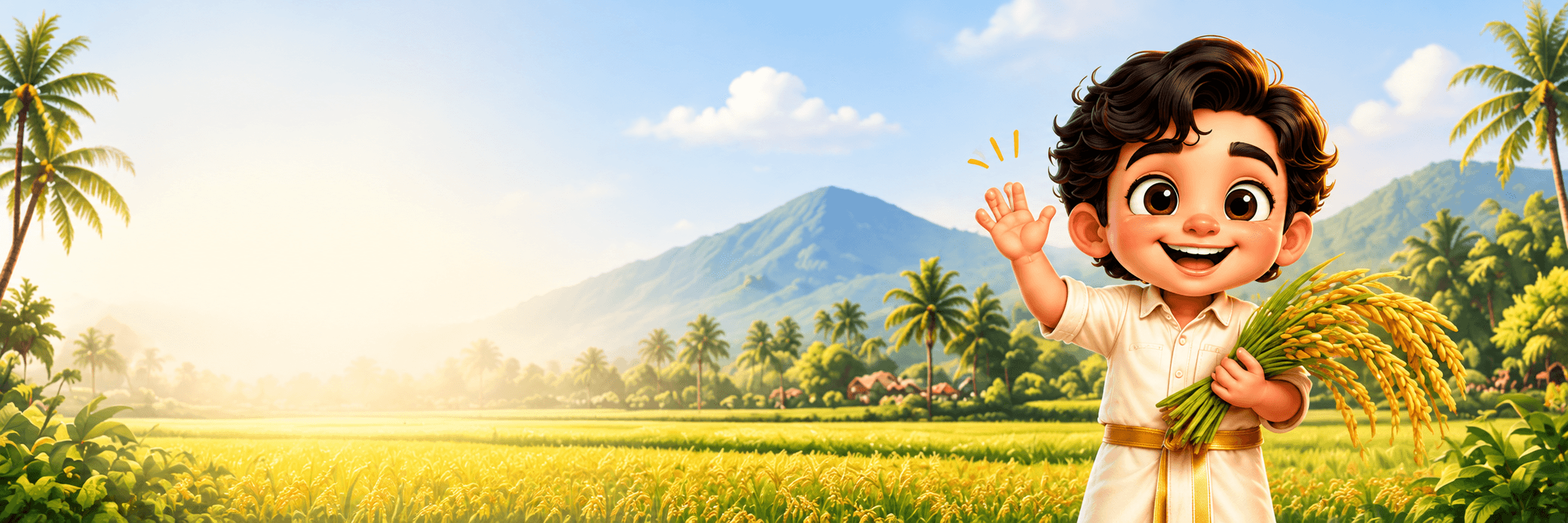 Chitru waving hello in a South Indian rice field