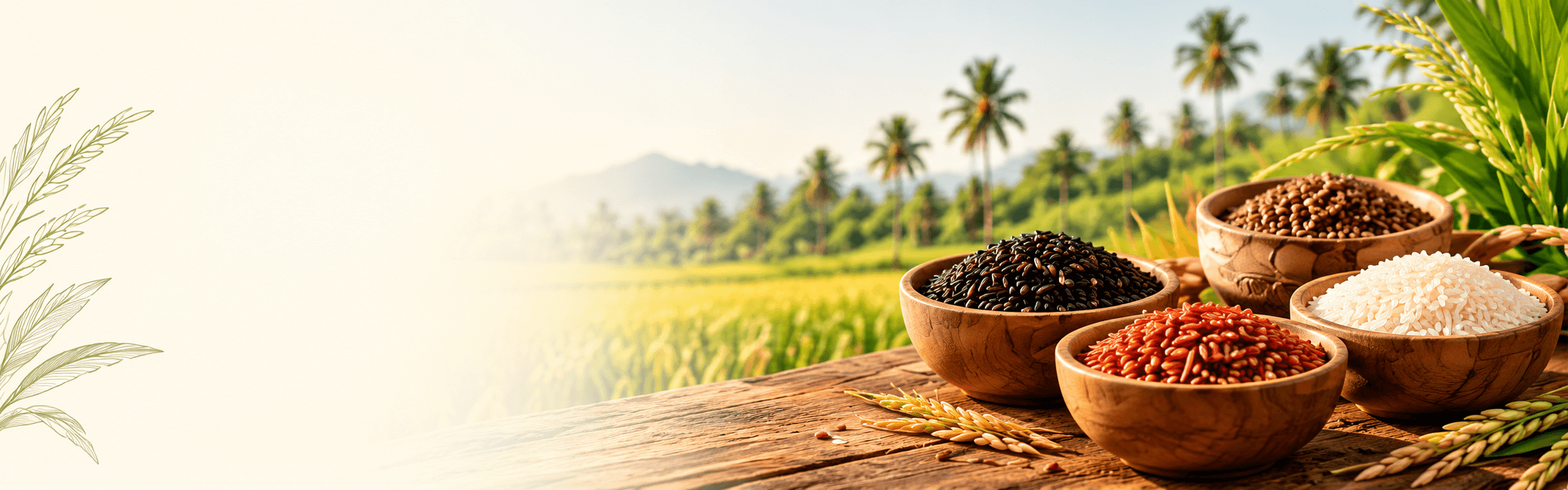 Bowls of native rice beside sunny South Indian paddy fields