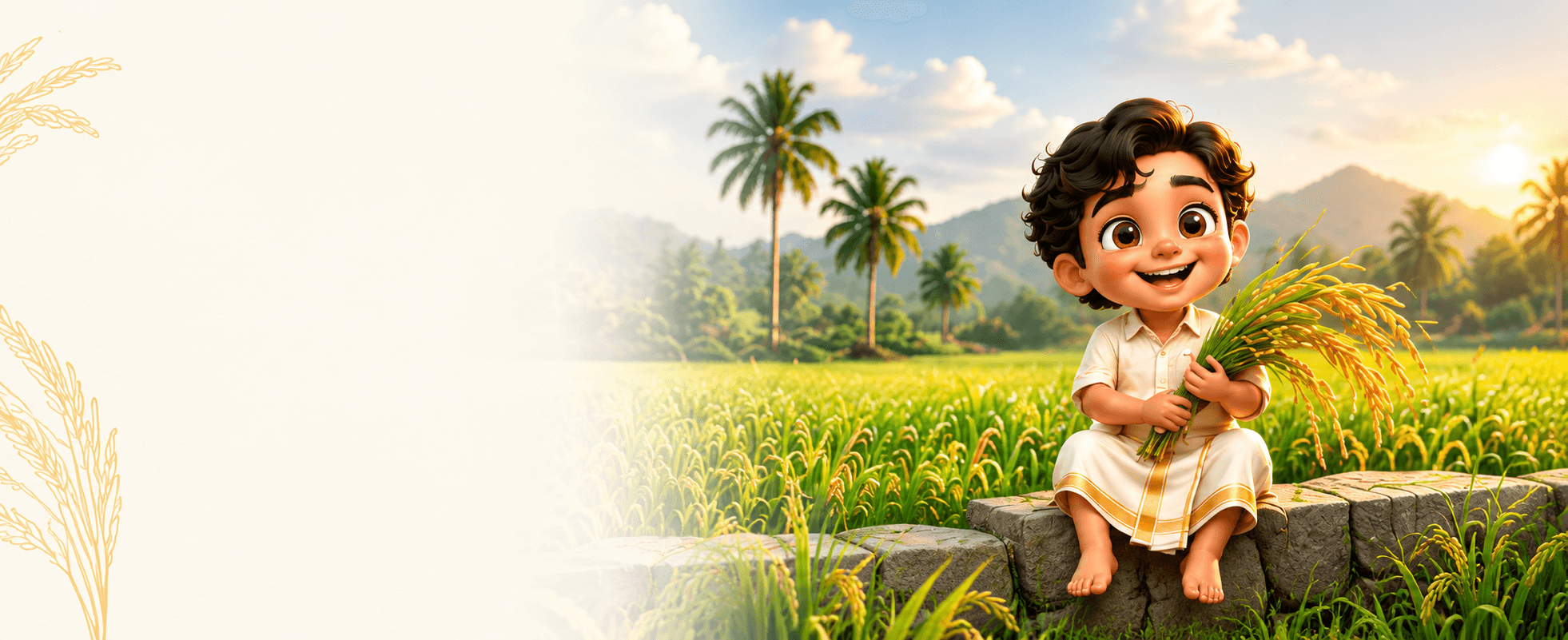 Chitru holding freshly harvested rice in a South Indian paddy field
