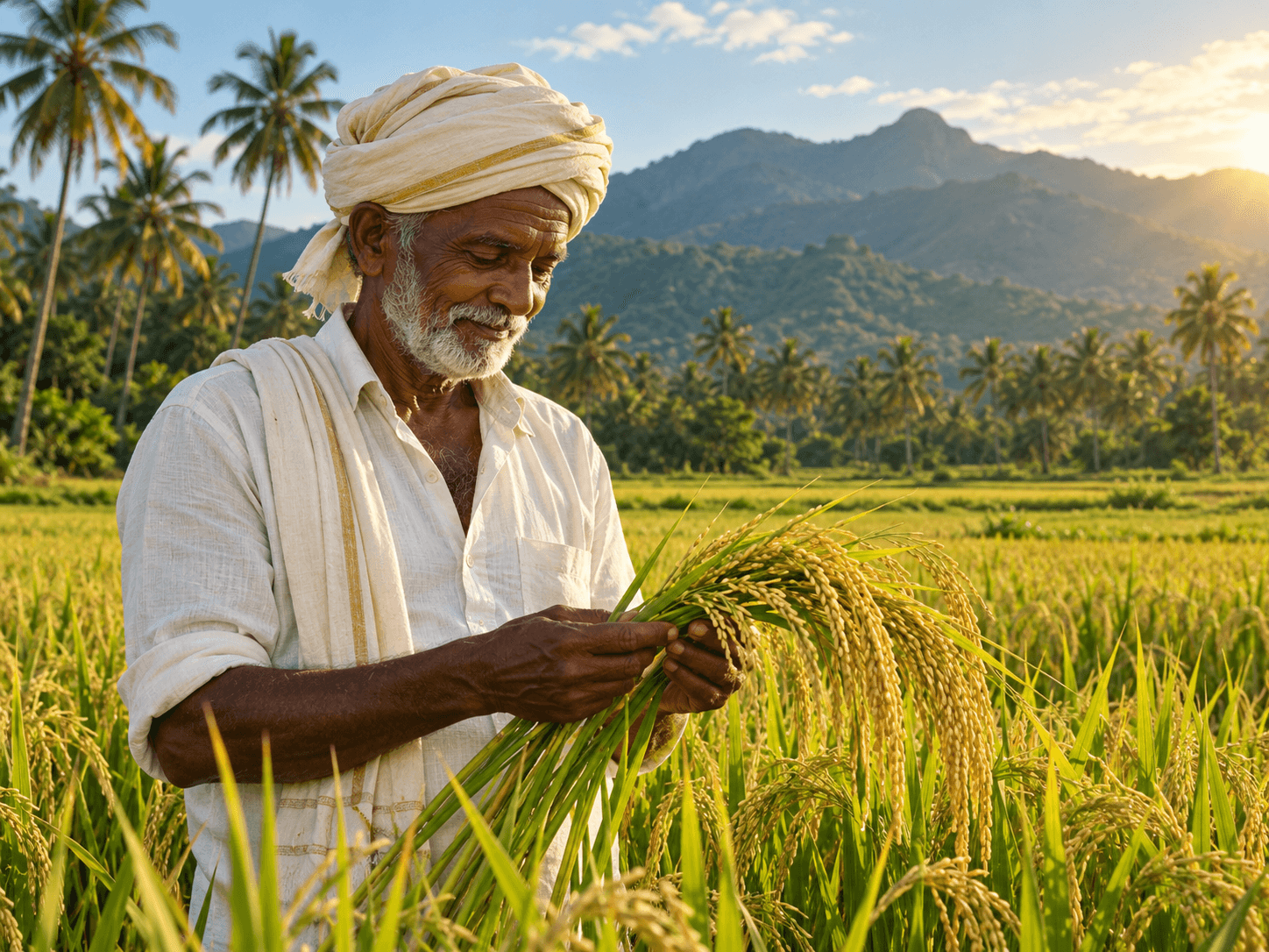 A farmer tending native rice stalks in the warm evening light