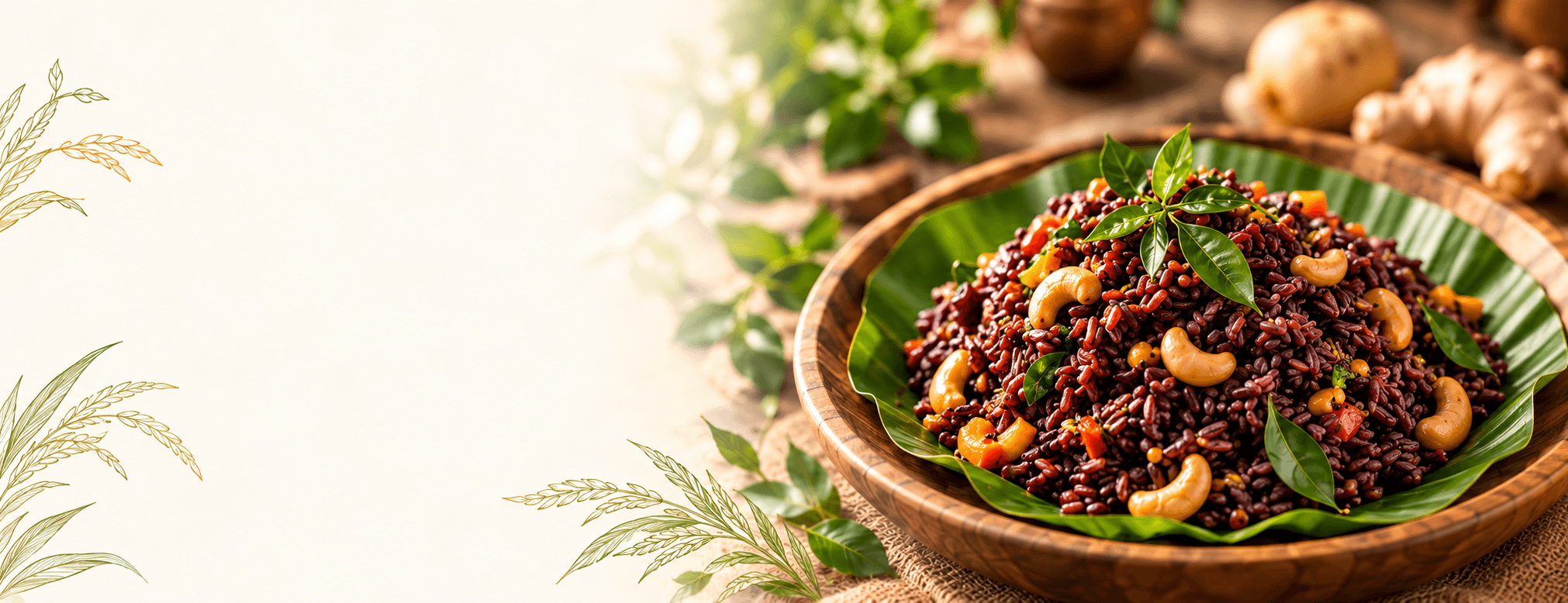 Traditional black rice with cashews and fresh curry leaves on a banana leaf